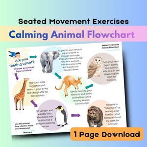 May include: A colorful infographic titled "Calming Animal Flowchart" with instructions for seated movement exercises. The chart features illustrations of animals like an elephant, giraffe, kangaroo, owl, penguin, and bear, with text instructions for each exercise. The words "1 Page Download" are at the bottom.