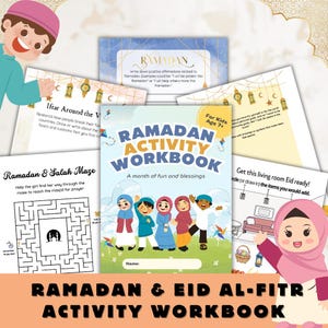 May include: A colourful Ramadan and Eid al-Fitr activity workbook for children aged 7+. The cover features a group of children holding hands and smiling. The title "Ramadan Activity Workbook" is in large, bold letters. The subtitle is "A month of fun and blessings".