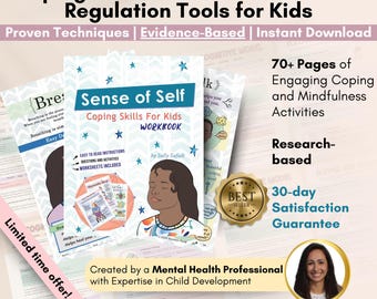 May include: A colorful workbook titled "Sense of Self: Coping Skills for Kids Workbook" by Sally Safadi. The cover features a cartoon illustration of a young girl with brown skin and brown hair. The workbook is described as "Clinically Proven: 79% Reduction in Anxiety Symptoms After Use." and "Research-based".