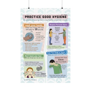 Kinder Hygiene Matte Vertikales Poster, Kinder-Badezimmerdekor, Gesundheitserziehung im Klassenzimmer, Hände waschen Schild, Back to School Lehrer Geschenk