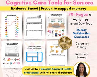 Puede incluir: Una imagen colorida que promociona un paquete de hojas de trabajo para el cuidado de personas mayores. El texto "Senior Care Worksheets Bundle: Cognitive Care Tools for Seniors" está en la parte superior de la imagen. El texto "Evidence-Based | Proven to support memory" está debajo del título. La imagen muestra cuatro hojas de trabajo diferentes con varias actividades, incluyendo hacer coincidir calcetines, identificar artículos en una sala de estar y llenar una bandeja para el almuerzo. El texto "70+ Pages of Activities Instant Download" está en la esquina superior derecha de la imagen. El texto "30-Day Satisfaction Guarantee" está en la esquina inferior derecha de la imagen. El texto "Caregiver friendly Research-Backed" está debajo del texto de la garantía. El texto "Created by a Biologist & Mental Health Professional with 10+ Years of Expertise" está en la parte inferior central de la imagen. El texto "Validated in Clinical Studies: 79% Reduction in Agitation." está en la parte inferior de la imagen.