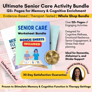 Op de afbeelding: Een kleurrijke digitale download productcover voor een seniorenzorg activiteitenpakket. De cover toont een cartoonillustratie van twee mensen, een man en een vrouw, met de tekst "Senior Care Worksheet Bundle" en "Bonus Sheets Included". De cover bevat ook de tekst "Ultimate Senior Care Activity Bundle", "125+ Pages for Memory & Cognitive Enrichment", "Evidence-Based | Therapist-Tested | Whole Shop Bundle", "Over 125+ Pages of Engaging Activities", "Designed for Cognitive Wellness, Emotional Resilience, Senior Engagement, & Stress-free meal planning", "Ideal for Dementia, Alzheimer's, and Stroke Support", "30-Day Satisfaction Guarantee", and "Proven to Stimulate Memory & Cognitive Function in Therapy Settings".
