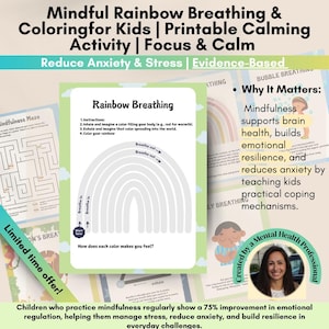 Rainbow Breathing & Coloring for Kids - Mindfulness Activity, Calm Down Corner Printable, Emotional Regulation, Anxiety Relief, Therapy Tool
