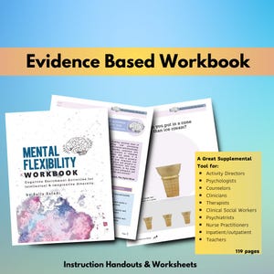 Può includere: Un quaderno di lavoro colorato intitolato "Mental Flexibility Workbook" con un grafico del cervello e il testo "Cognitive Enrichment Activities for intellectual & imaginative diversity. by Sally Safadi". Il quaderno è aperto a una pagina con un'immagine di coni gelato e il testo "A Great Supplemental Tool for: Activity Directors, Psychologists, Counselors, Clinicians, Therapists, Clinical Social Workers, Psychiatrists, Nurse Practitioners, Inpatient/outpatient, Teachers, 119 pages".
