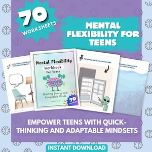 Może przedstawiać: Cyfrowy plik do pobrania zawierający 70 arkuszy ćwiczeń, które mają pomóc nastolatkom w rozwijaniu elastyczności umysłowej. Okładka przedstawia kreskówkowy mózg z ciężarkami, a na niej widnieje tekst "Mental Flexibility Workbook for Teens". Tekst "Building Strong and Adaptable Minds" również jest widoczny.