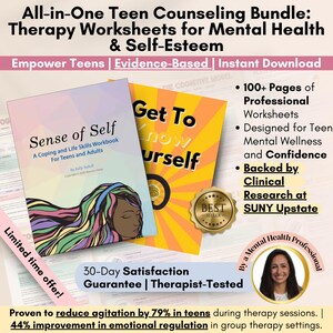 Paquete de terapia para adolescentes: hojas de trabajo para la ansiedad, libro de trabajo para adolescentes con ansiedad, habilidades de afrontamiento para adolescentes, hojas de trabajo para la autoestima, herramientas de salud mental