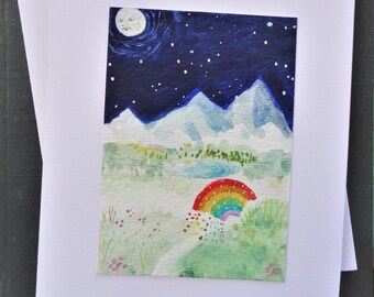 Keepsake Pet Condolence Art Card- Rainbow Bridge for a country walk loving dog - Hand Painted Art Card - Original Framable Art