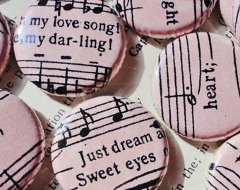 Wedding Favors- Free Shipping - Vintage Inspired Soft Pink Song Lyric Handmade Wedding Favors - 50 1 Inch Pinback Buttons - Love Songs