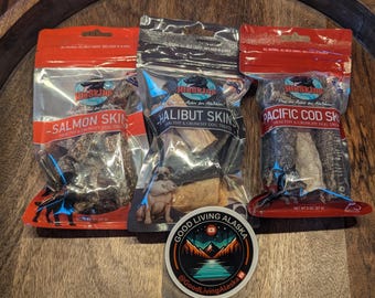 Wild Alaskan Fish Skin Dog Treats: Salmon, Cod, & Halibut - Made in Alaska