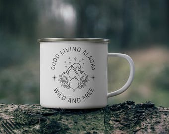 Wild and Free Enamel Camping Mug, Good Living Alaska Logo