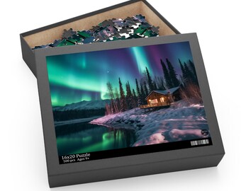 Puzzle - Winter in Alaska with Northern Lights and Cabin