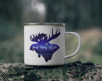 Moose Enamel Camping Mug, Good Living Alaska Moose