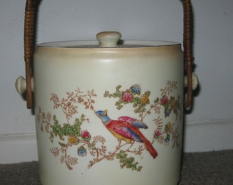 Rare Vintage Crown Ducal 1920's Biscuit Barrel Cookie Jar Very Colorful Pheasnat Bird Flowers on Cream (Blush Ivory) Background Woven Handle