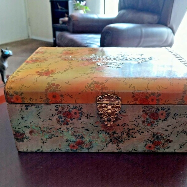 Antique Victorian Celluloid & Floral Wood Brass Handkerchief Dresser Box. Orange and Yellow Flowers with Gold Latch