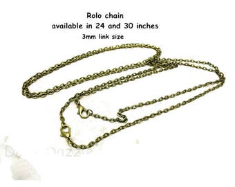 25 Bulk bronze necklaces, rolo flat link chain for vintage style jewelry, boho necklace, cos-play, pendant necklace  small 3mm link chain