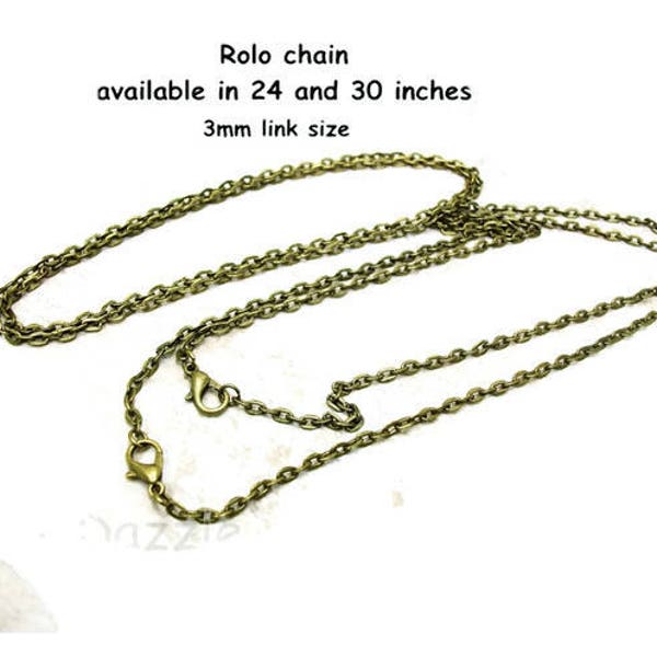 25 Bulk bronze necklaces, rolo flat link chain for vintage style jewelry, boho necklace, cos-play, pendant necklace  small 3mm link chain