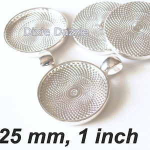 40 silver Round pendant trays, 25mm (1 inch) shiny silver pendant trays, Bezel Settings charm base