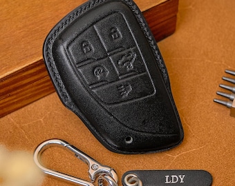 Funda de cuero hecha a mano para llavero de GMC Sierra Denali AT4 AT4X Sierra EV, estuche personalizado para llaves compatible con Canyon y Sierra, llavero de regalo para papá.