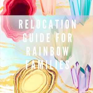 May include: A colorful abstract design with the text "Relocation Guide for Rainbow Families" and the words "Written by Rainbow Radiance".