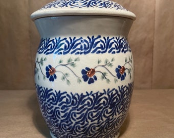 Unikat Boleslawiec, poterie polonaise, couvercle bleu du bocal fait à la main et peint à la main