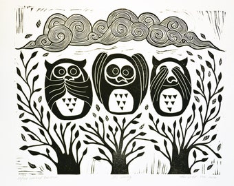 Original Handpulled, Linocut Print, Relief Print, It's Coming, Owl Print, Limited Edition