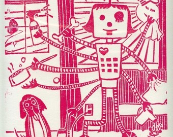 Linocut print, Relief print, Wood cut print, Original print, Robot, Girl, Pink, Kiki 3000, Maid