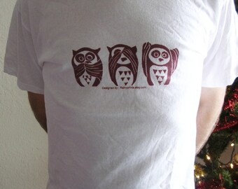 Linosnede afdrukken, reliëf afdrukken, hout gesneden afdrukken, originele afdrukken, bruin, zie geen kwaad, hoor geen kwaad, spreek geen kwaad, Owl, T Shirt, Top, Shirt