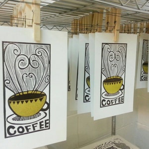 Original Handpulled, Linocut Print, Relief Print, Gold, Coffee, Print image 3