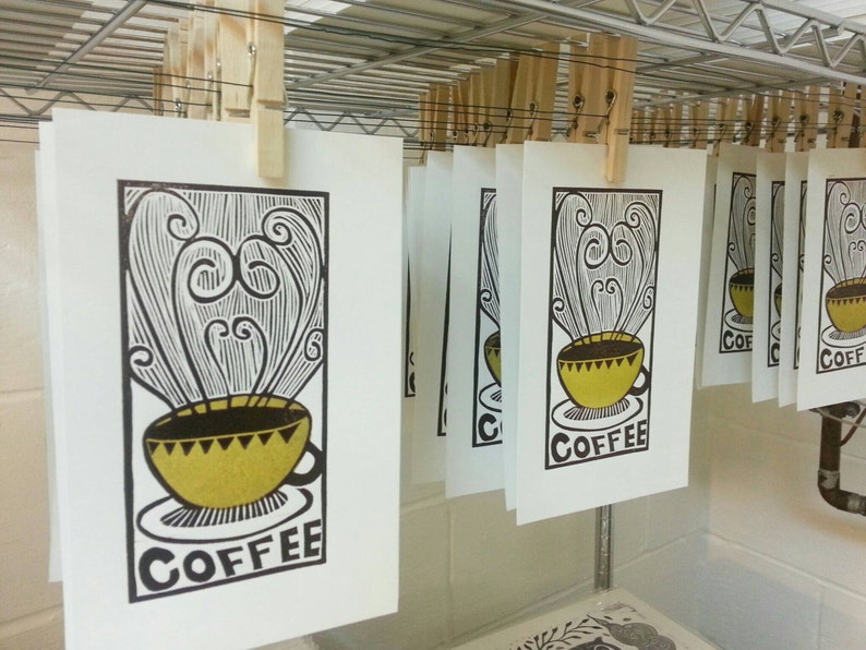 Original Handpulled, Linocut Print, Relief Print, Gold, Coffee, Print image 3