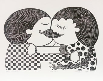 Linocut print, Relief print, Printmaking, The Kiss, Couple, Woodcut print, Black