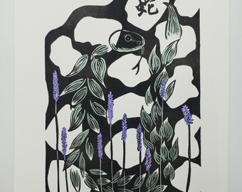 L'année du serpent - Linogravure originale dessinée à la main