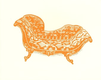 Linocut print, Wood cut print, Relief print, Limited edition, Original print, Antique Day Bed, Peachy Orange, Sale