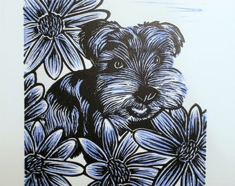 Schnauzer - Original Hand Pulled Linocut Print, Blue & Black on White