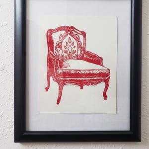 Linocut print, Relief print, Wood cut print, Original print, Hand pulled print, Limited edition, Antique Chair, Maroon, Sale