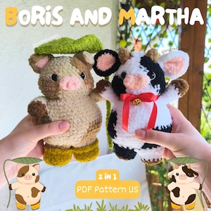 May include: Two handmade crochet cow and pig stuffed animals. The pig is tan and brown with a green leaf on its head. The cow is black and white with a red bow. The text "BORIS AND MARTHA" is at the top.