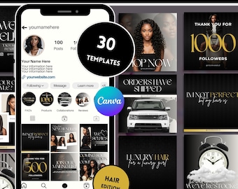 May include: A collection of 30 social media templates for hair businesses, featuring a smartphone display of an Instagram profile, various square graphic designs with black and gold text, and imagery of hair models, a car, and an alarm clock.