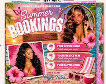 May include: An editable digital flyer template for summer bookings featuring a tropical beach theme with pink hibiscus flowers, palm trees, a sunset background, and placeholders for photos, service descriptions, and business contact information.