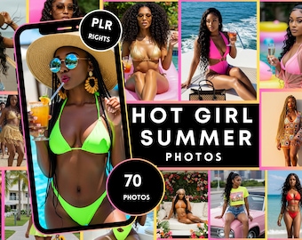 May include: A collage of photos featuring women in swimwear and summer attire. The central image shows a woman in a neon green bikini holding a drink. The text "HOT GIRL SUMMER PHOTOS" is displayed prominently, with "70 PHOTOS" below.