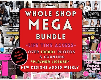 May include: A promotional image with a red background that says "WHOLE SHOP MEGA BUNDLE" with the text "-LIFE TIME ACCESS- OVER 10000+ PHOTOS & COUNTING". The image includes photos, templates, and website designs.