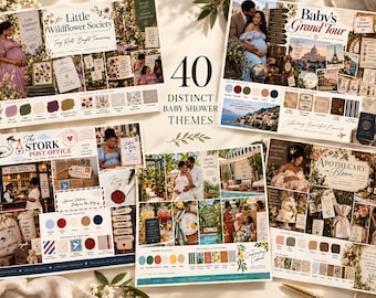 May include: A collection of four informational boards displaying 40 distinct baby shower themes, featuring photography, color palettes, and patterns. Each board includes text titles such as Little Wildflower Society, Baby's Grand Tour, The Stork Post Office, and Apothecary in Bloom.