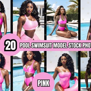 Op de afbeelding: Een collage van foto's met een vrouw in roze badkleding in verschillende poses bij een zwembad. De tekst "20 POOL SWIMSUIT MODEL STOCK PHOTOS" en "PINK" zijn zichtbaar in de afbeelding.