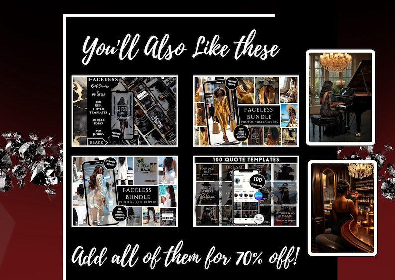 May include: A collage of four images showcasing different digital products for social media. The images feature black and white colour schemes with text overlays. The text includes "Faceless Bundle", "100 Quote Templates", and "Add all of them for 70% off!"