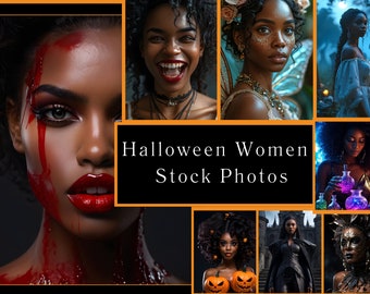 May include: A collage of images featuring women in various Halloween costumes. The images include a woman with blood dripping down her face, a woman with fairy wings, a woman with a witch's hat, and a woman with a masquerade mask. The text "Halloween Women Stock Photos" is displayed in the center of the collage.