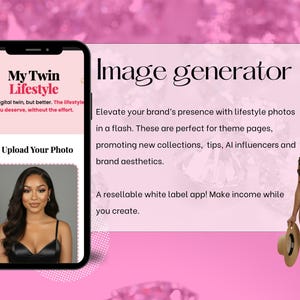 May include: A smartphone displays the "My Twin Lifestyle" app interface, with text reading "Image generator." A woman in a blue swimsuit holds a hat and drink. The app promises to elevate brand presence with lifestyle photos.