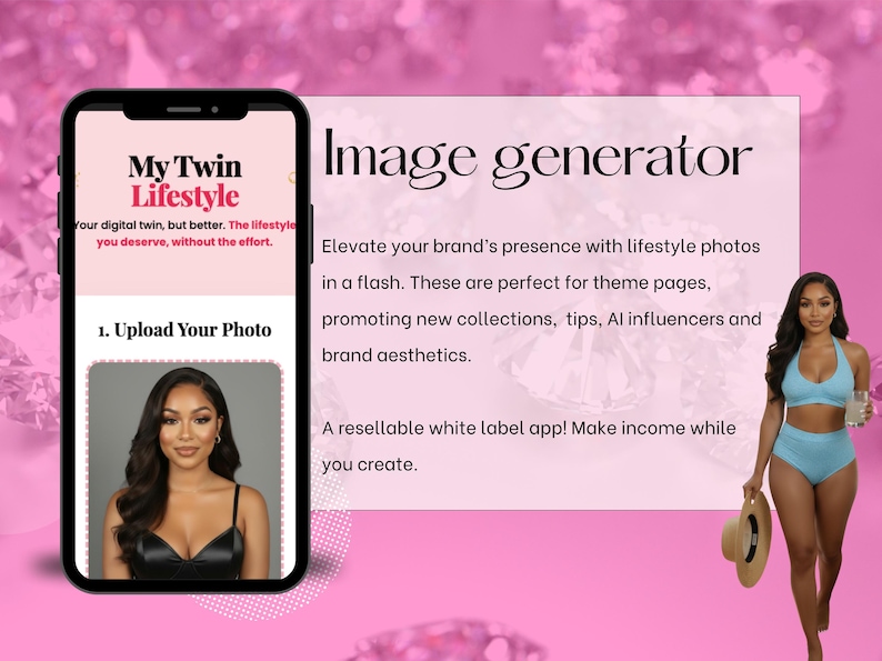 May include: A smartphone displays the "My Twin Lifestyle" app interface, with text reading "Image generator." A woman in a blue swimsuit holds a hat and drink. The app promises to elevate brand presence with lifestyle photos.
