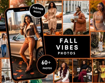 May include: A collage of photos with a fall theme, featuring women in various outfits. The central image shows a woman in a brown leather jacket and pants. The text "FALL VIBES PHOTOS" is displayed, along with "60+ PHOTOS".