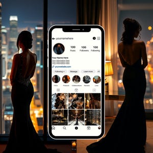 May include: A screenshot of a social media profile page featuring a black and white photo of a person. The profile has 100 posts, 100 followers, and 100 following. The profile name is "yourmamehere". The profile includes a website link, a message button, and a learn more button. The profile displays a grid of nine photos.