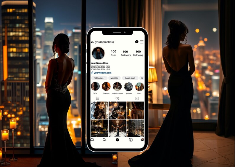 May include: A screenshot of a social media profile page featuring a black and white photo of a person. The profile has 100 posts, 100 followers, and 100 following. The profile name is "yourmamehere". The profile includes a website link, a message button, and a learn more button. The profile displays a grid of nine photos.