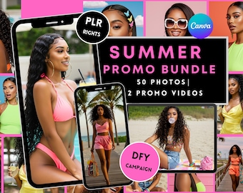 May include: A collage of images featuring women in summery outfits and a title card that reads "Summer Promo Bundle 50 Photos | 2 Promo Videos" with the text "PLR Rights" and "DFY Campaign" in the corners.