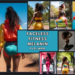 Könnte beinhalten: Eine Collage aus Bildern, die eine Frau in verschiedenen Fitness-Posen zeigen, die farbenfrohe Sportbekleidung trägt. Der Text "FACELESS FITNESS MELANIN PLR/MRR" wird in der Mitte der Collage angezeigt.